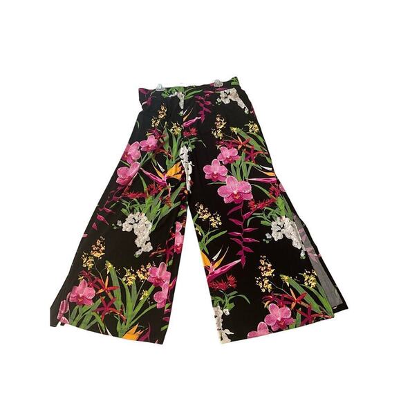 G.I.L.I. Jetsetter Flared Leg Pant Women's L/XL Black Floral Side Ankle Slit Hem - Picture 3 of 7